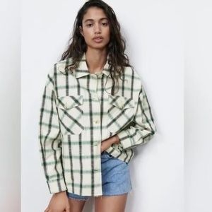Zara Green and Cream Plaid Button Down Oversized Shacket Women’s Size Small